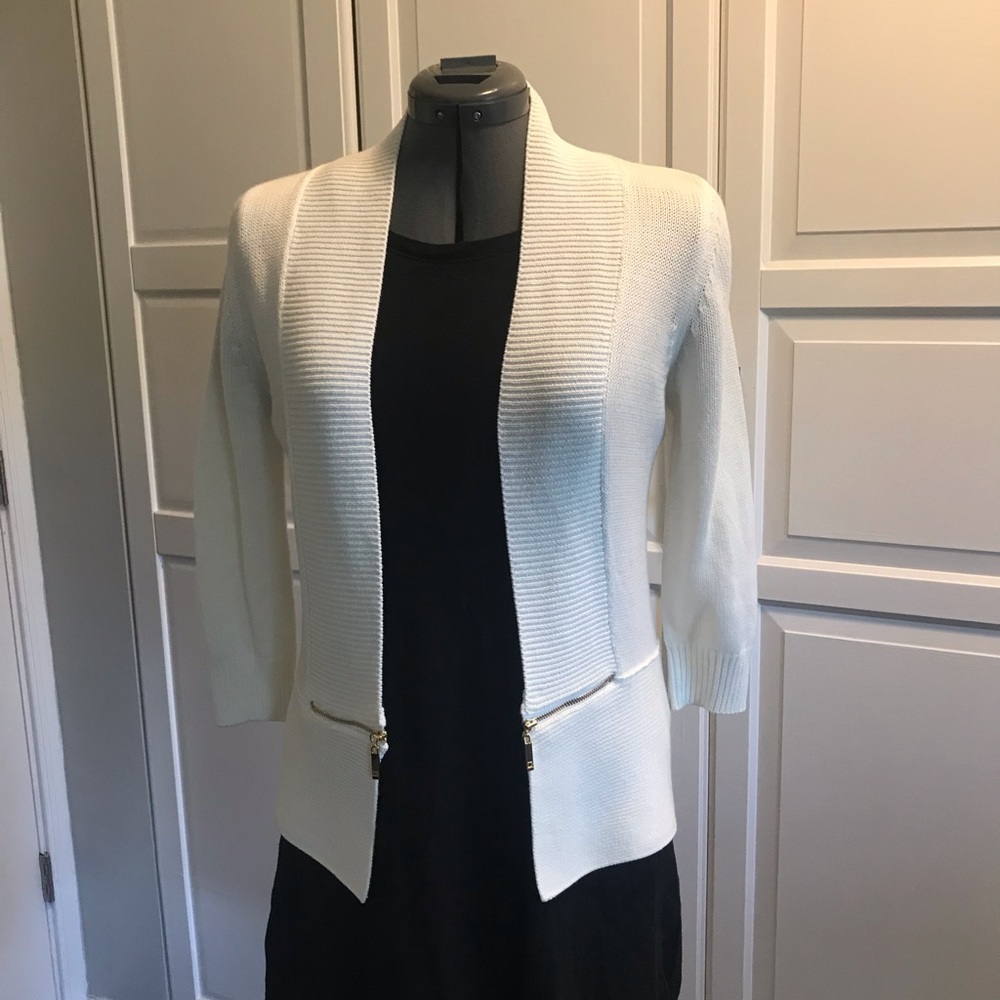 Ivanka Trump 3/4 Sleeve Zipper Trim Cardigan Ivory